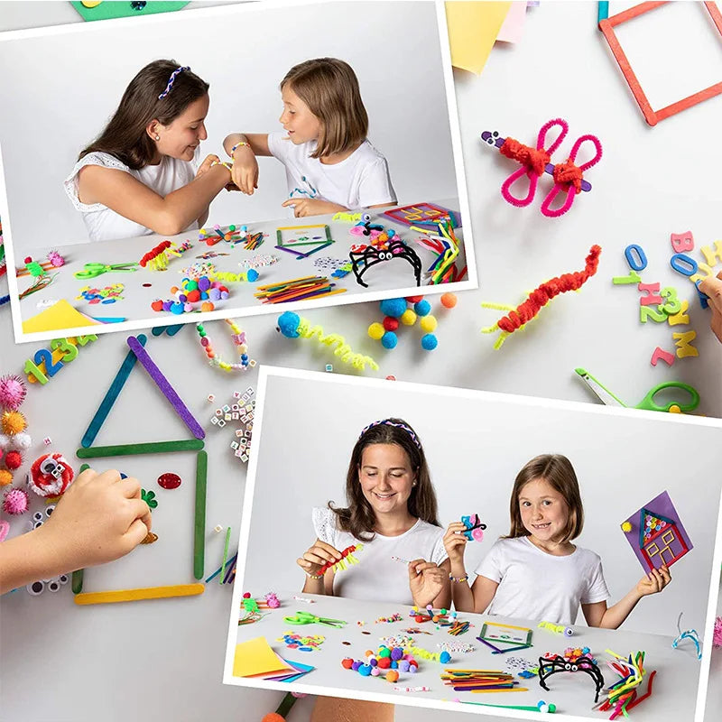 Two girls making crafts with colourful pipe cleaners, lolly sticks, pom-poms, and letter beads on a white table.