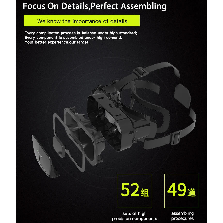 Black 3D virtual reality headset shown disassembled, revealing inner lenses, straps, and front cover components.
