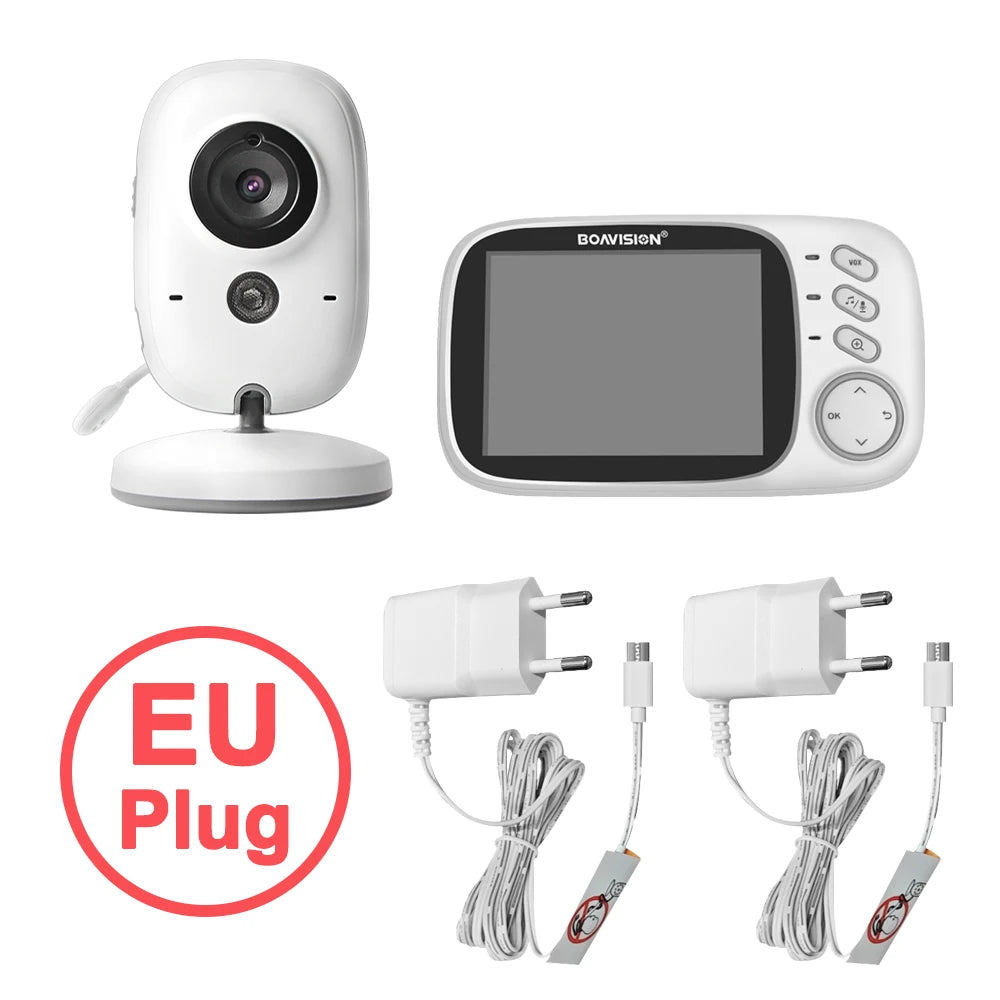 White baby monitor with camera, parent unit, and two EU-plug power adapters.