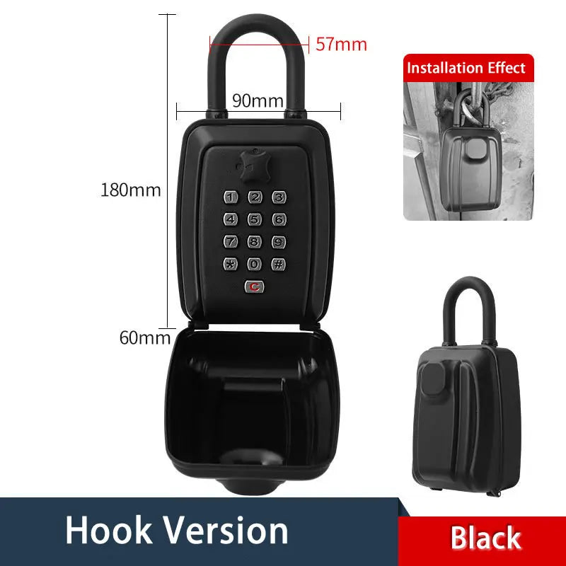 Black metal key lock box with a hanging hook and push-button combination keypad, shown with dimensions.