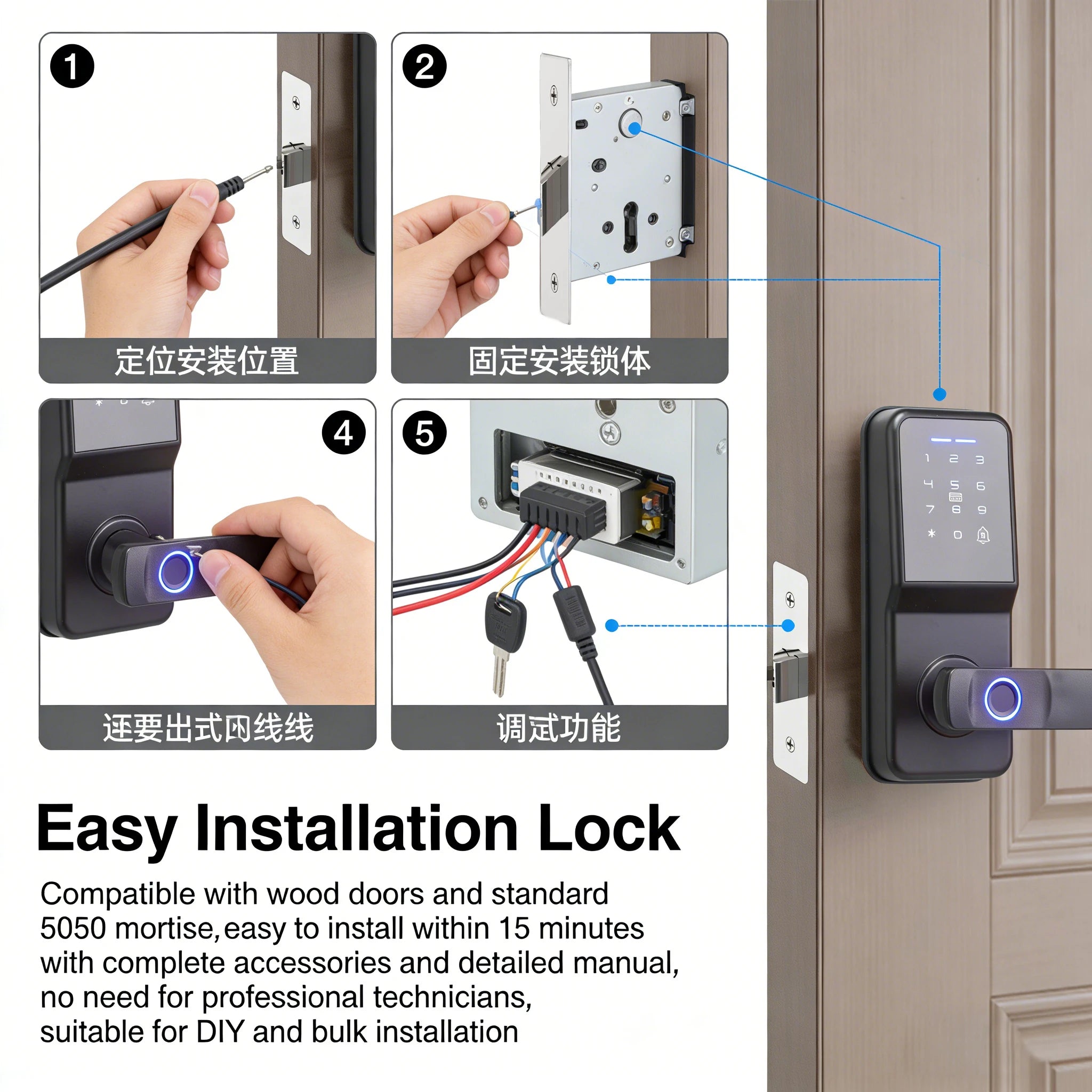 Black metal smart door lock with fingerprint scanner, keypad, and internal wiring shown during installation steps.