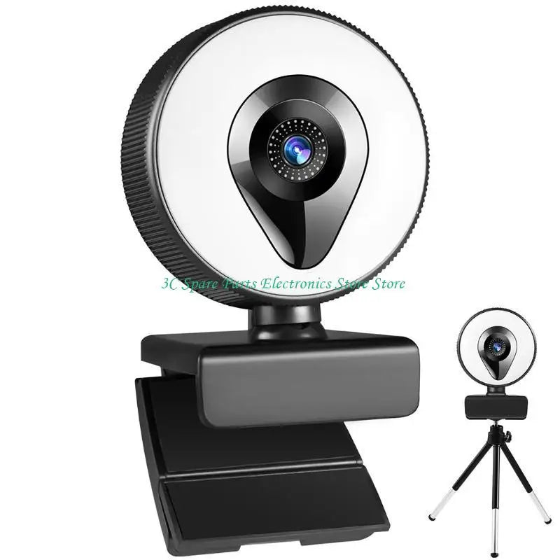 Black plastic webcam with integrated circular LED ring light and mount, plus a mini tripod stand.