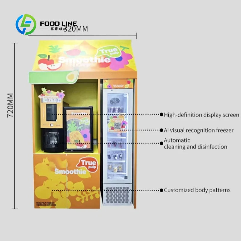 Yellow automatic slush and smoothie vending machine with display screen, freezer, and fruit graphics.