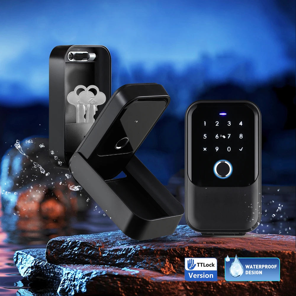 Black metal wall-mounted key lock box with electronic keypad, fingerprint scanner, and waterproof design.