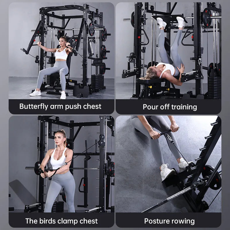 Black multi-functional Smith machine with weight plates, showing a woman doing chest, leg, and rowing exercises.