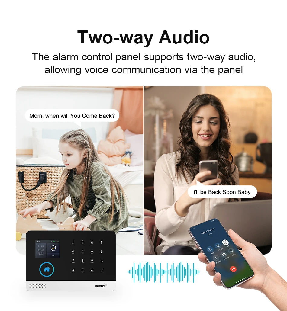 Black and white smart home alarm panel with touchscreen, showing two-way audio communication with a mobile app.