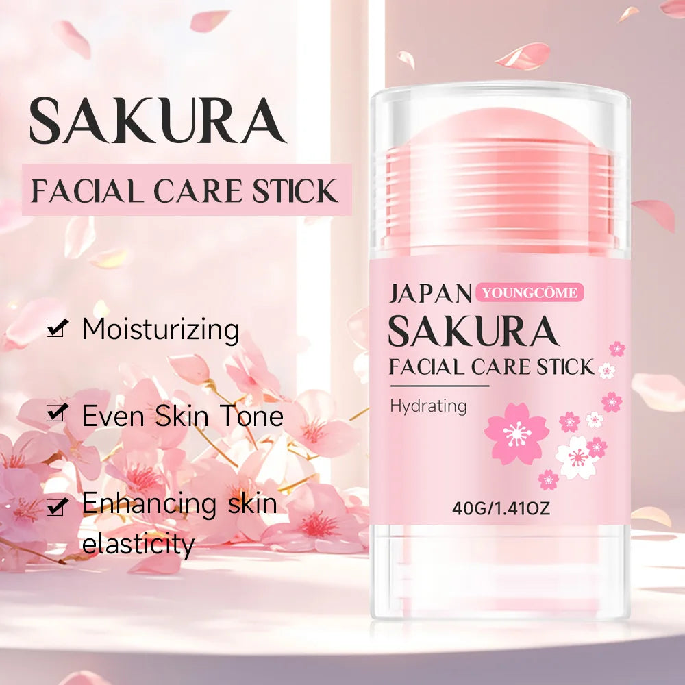 Pink Sakura facial care stick for moisturizing, evening skin tone, and enhancing elasticity. 40g hydrating balm.