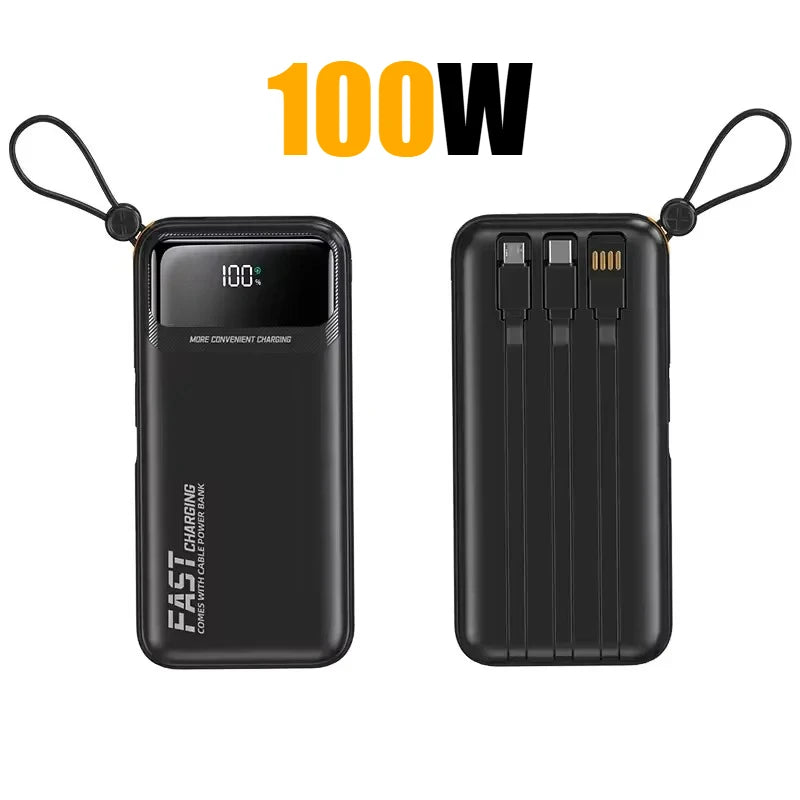 Black 100W power bank with digital display and four integrated charging cables, featuring a convenient carry loop.