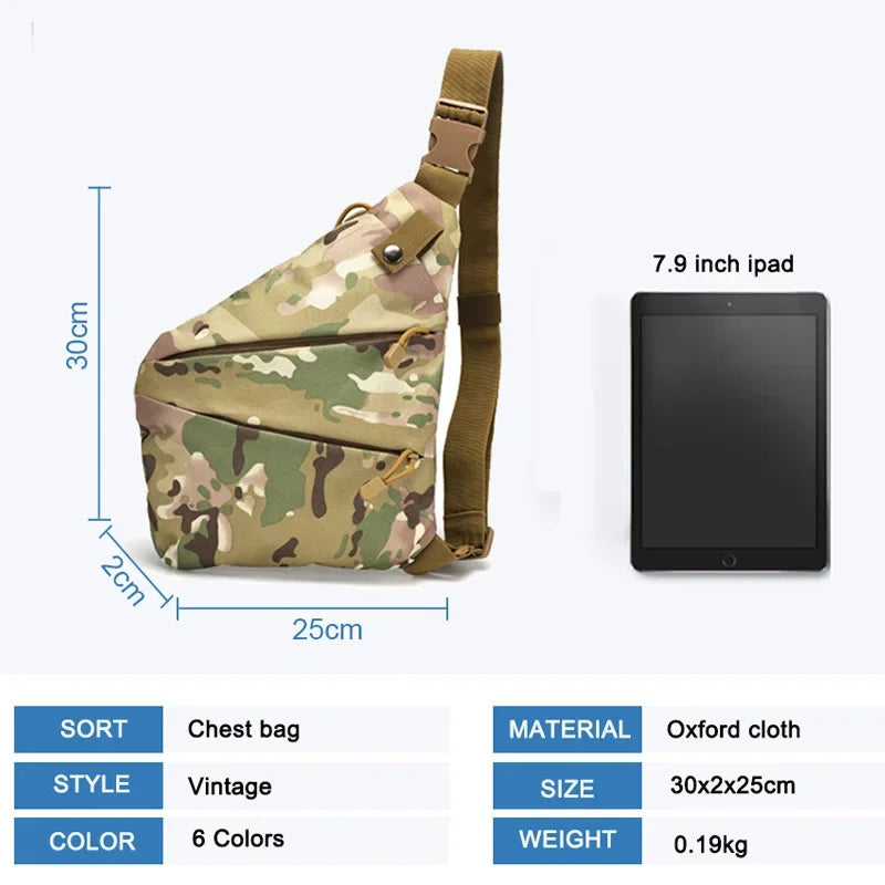 Compact camouflage print men’s crossbody sling bag with multiple zip pockets, adjustable strap and technical dimensions.