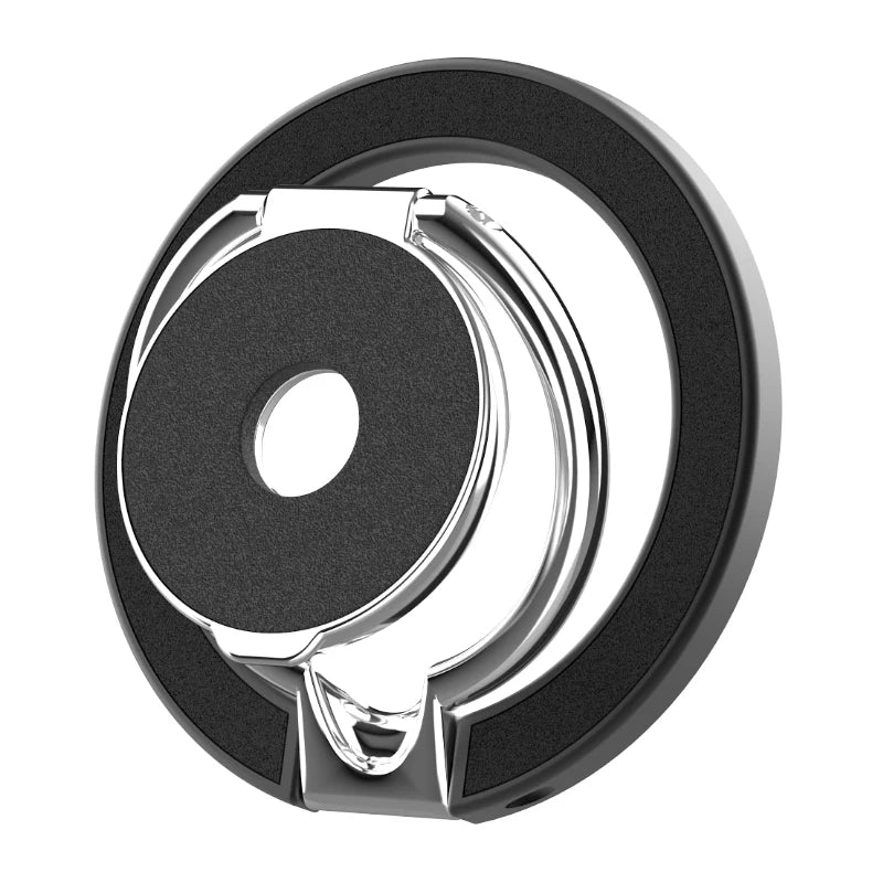 Round magnetic phone ring holder with a sleek black and polished silver finish.