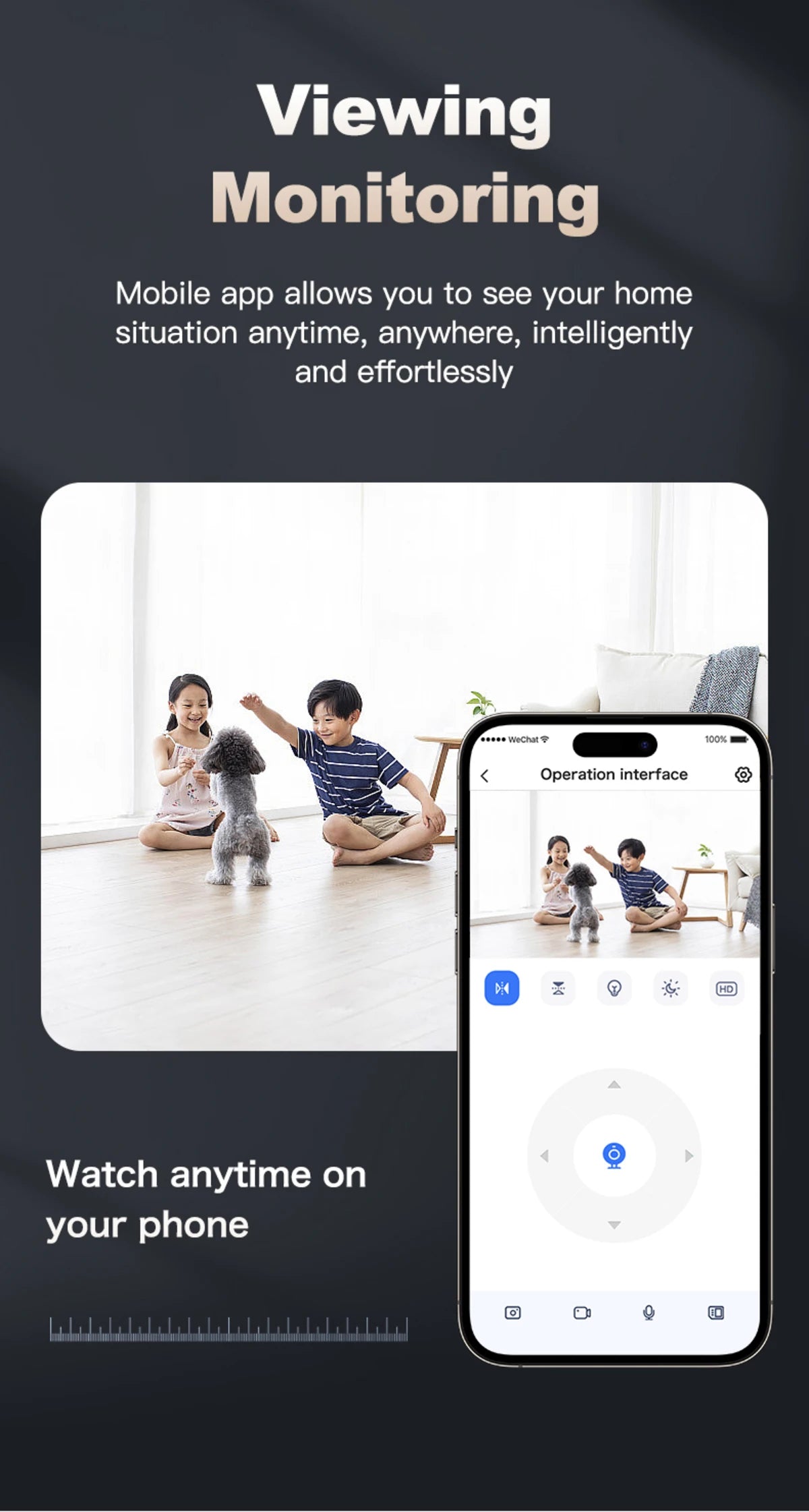A smartphone displaying a home security camera app interface with remote control icons and a live video feed.