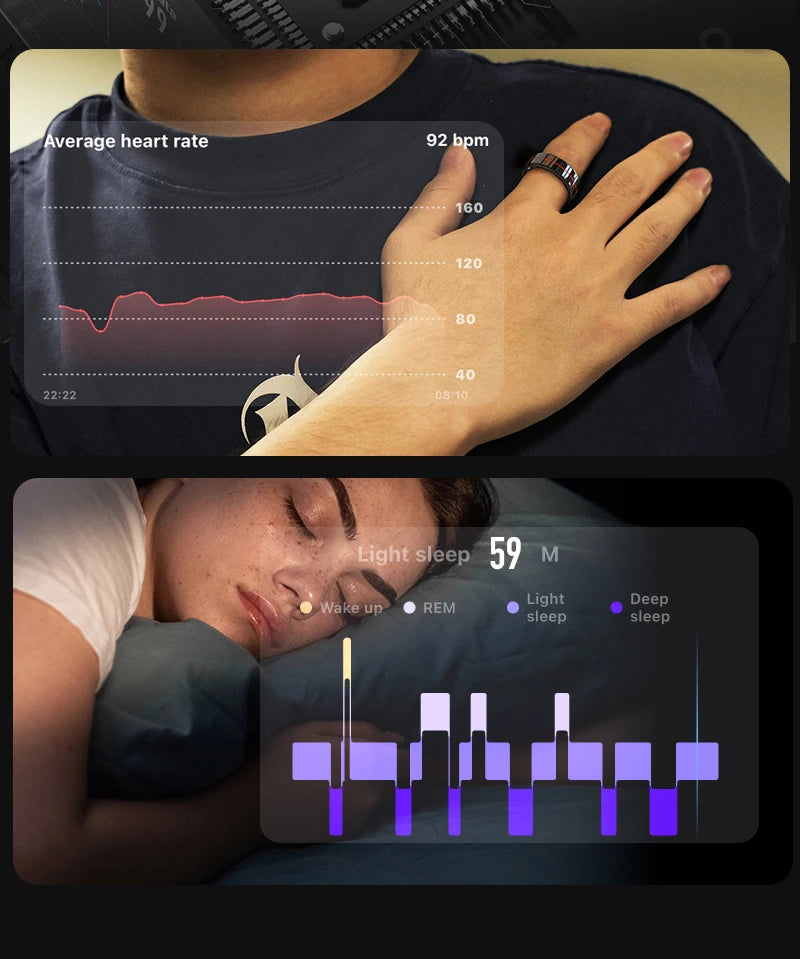 Sleek black smart fitness ring tracking heart rate and sleep cycles shown on digital data overlays.