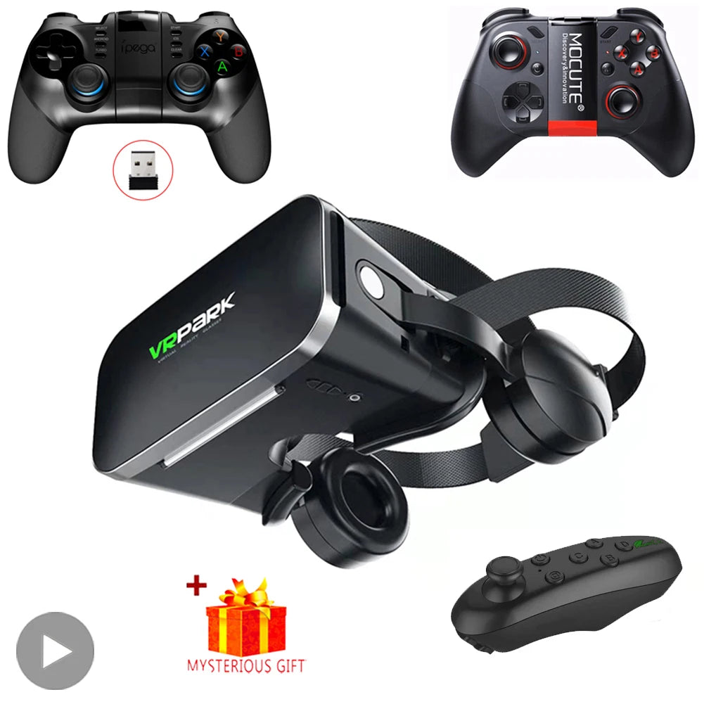 Black VR headset with integrated headphones, accompanied by two wireless gaming controllers and a mystery gift icon.