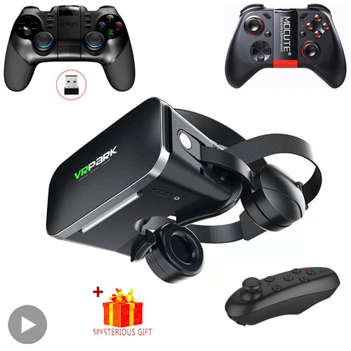 Black VR headset with integrated headphones, accompanied by two wireless gaming controllers and a mystery gift icon.