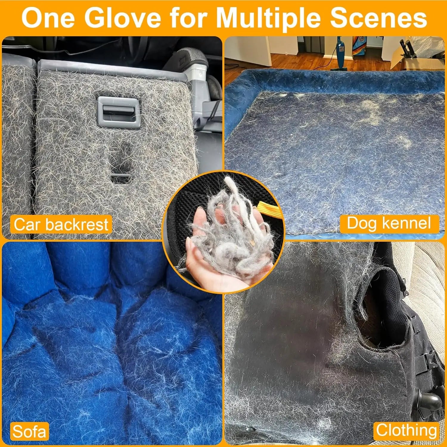 A collage showing a pet hair removal glove cleaning fur from a car seat, dog bed, sofa, and clothing.