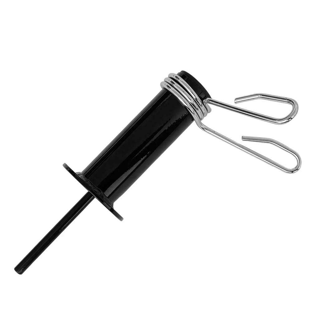 Black steel gym weight loading pin with a chrome spring collar clip, set against a plain white background.