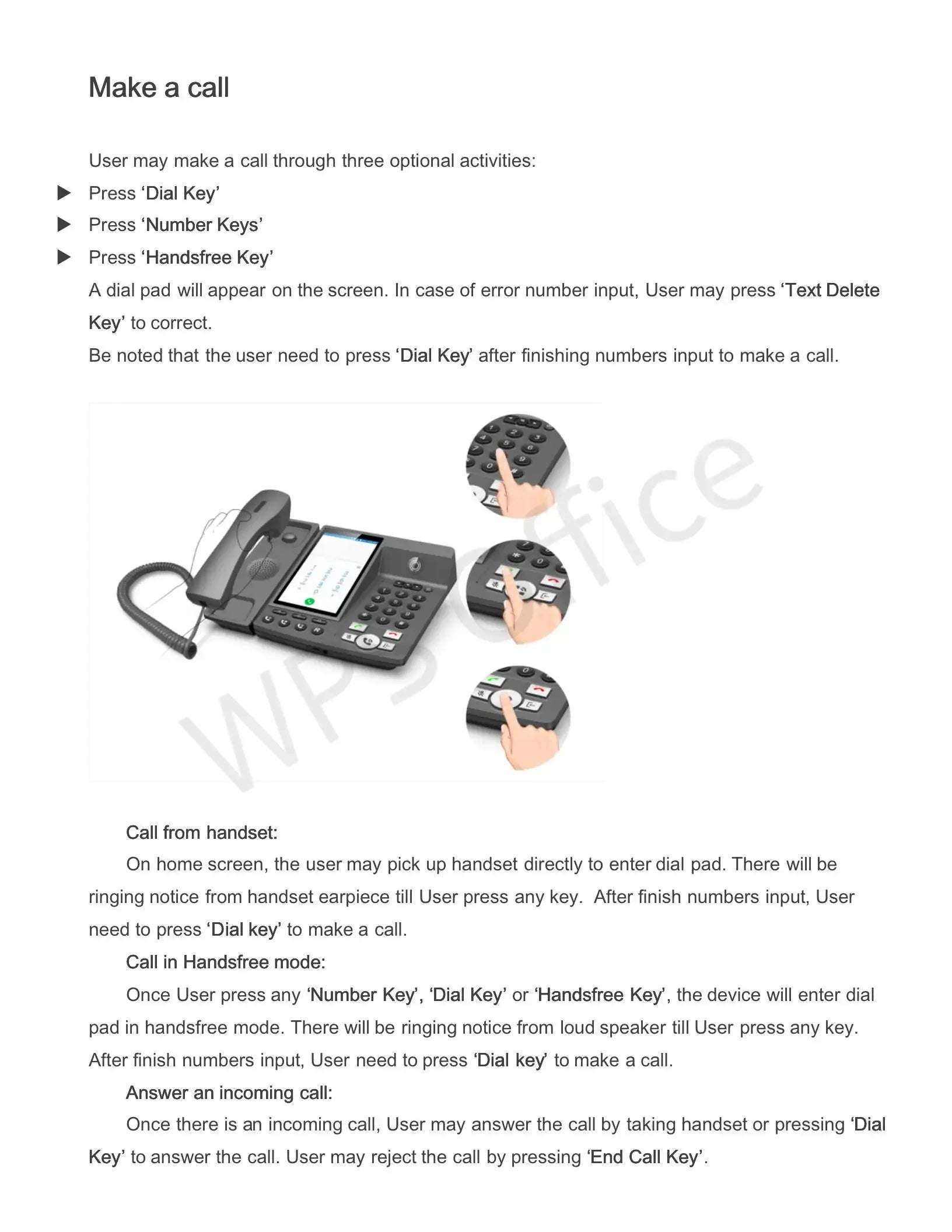 Grey desk phone with a colour screen and tactile keypad, shown with detailed close-ups of dialing functions.