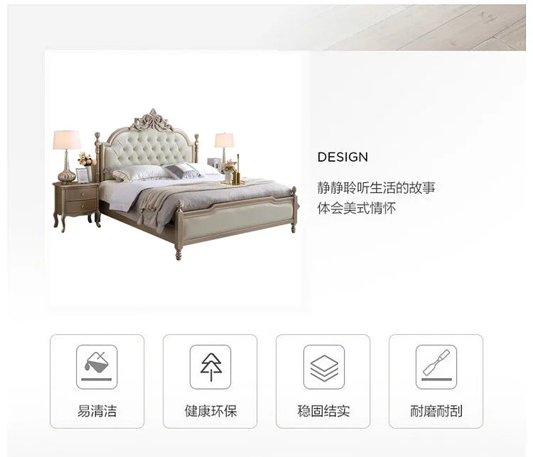 Elegant Italian-style cream double bed frame with ornate carved headboard, tufted upholstery, and matching bedside table.