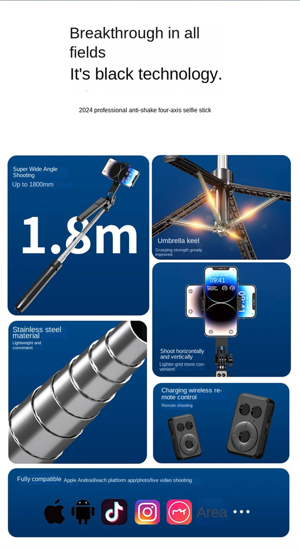 Black stainless steel telescoping selfie stick with tripod base, phone mount, and wireless remote control.