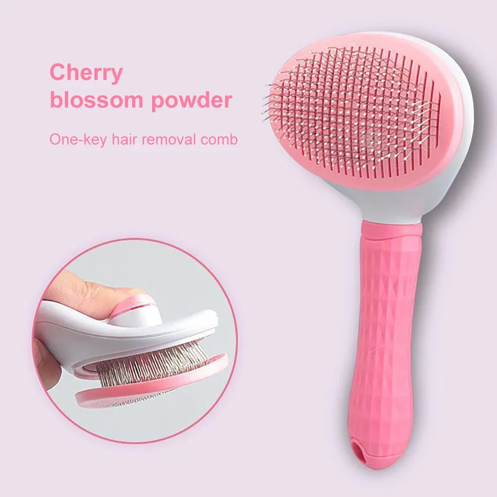 Pink, cherry blossom-coloured self-cleaning pet grooming brush with textured handle and wire bristles.