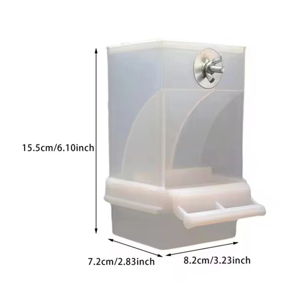 Translucent white bird feeder with a small perch, metal mounting hardware, and labeled dimensions on a white background.