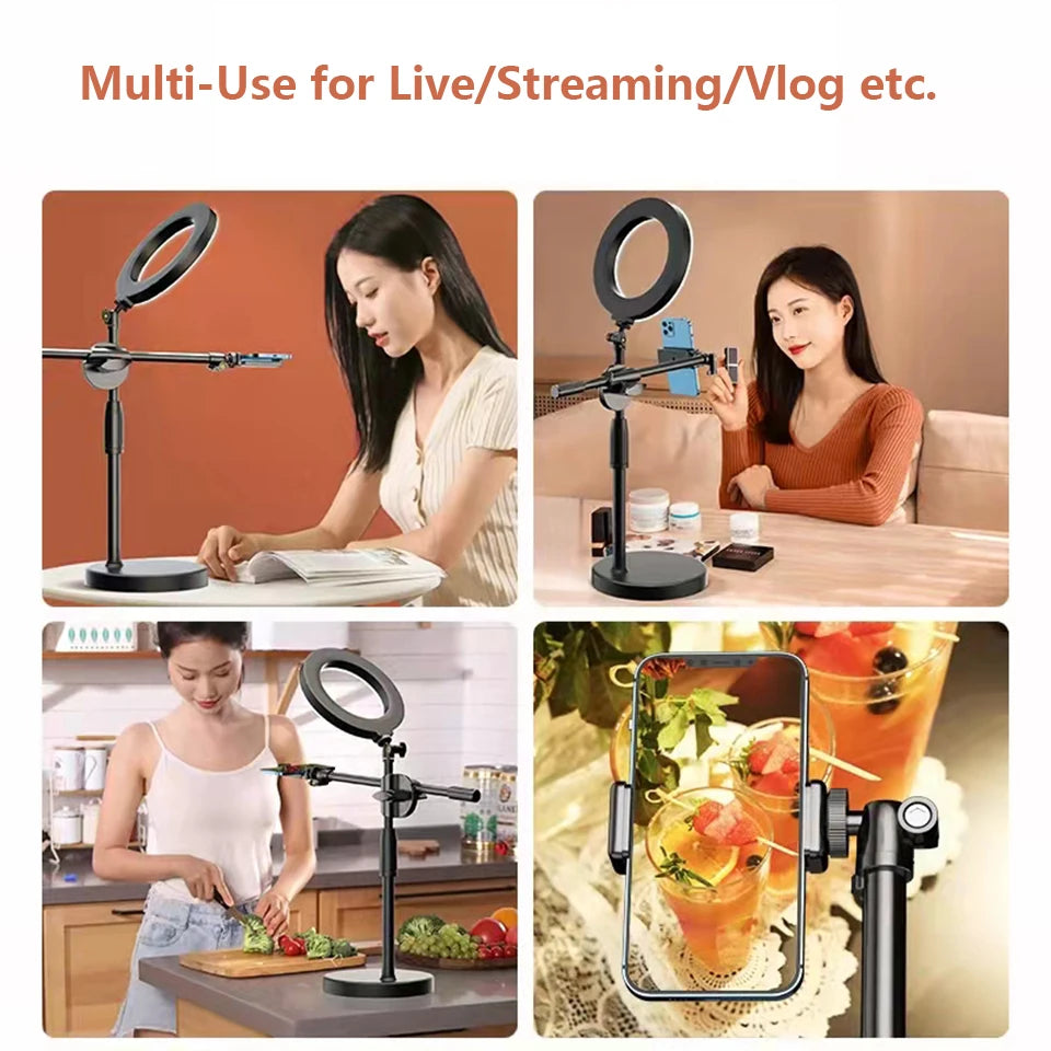 Black adjustable desk ring light with a phone holder arm, ideal for streaming, vlogging, and hands-free video recording.