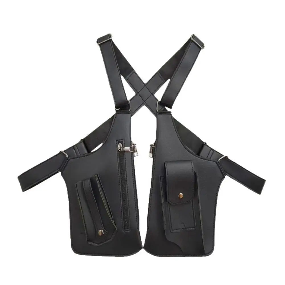 Black tactical chest holster bag with adjustable straps, zip closures, and snap-button pockets on a white background.