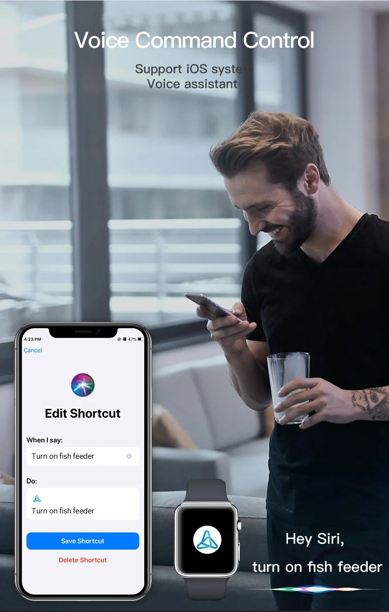 Man using smartphone and smartwatch for voice command control of a smart fish feeder.