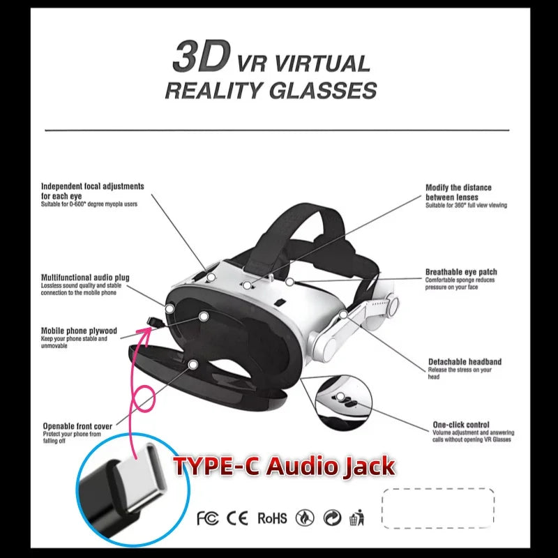 White and black VR headset with adjustable straps, openable front cover, and integrated Type-C audio jack.