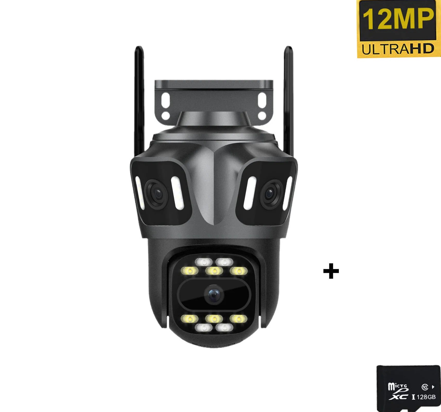 Grey outdoor quad-lens security camera with built-in LED spotlights, dual antennas, and a 128GB memory card.