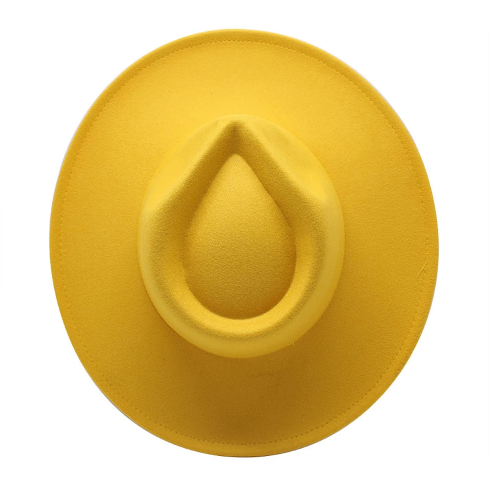Top-down view of a bright yellow, wide-brimmed felt fedora hat with a classic pinched teardrop crown.
