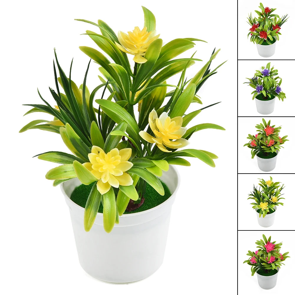 Artificial potted plant with green leaves and yellow flowers in a white pot, shown in five different color options.