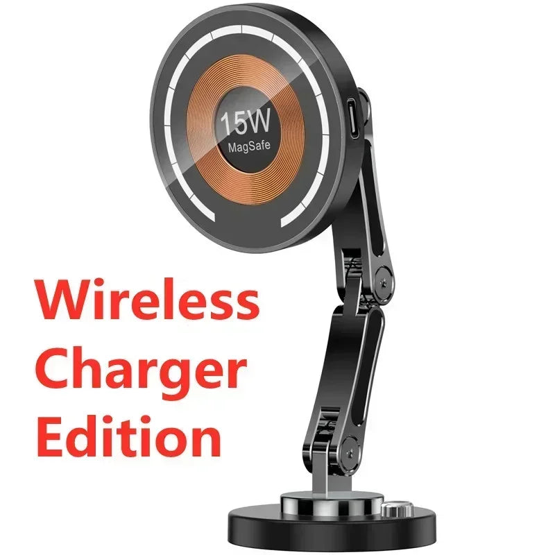 Black adjustable wireless charging stand with a circular 15W magnetic pad featuring a copper-colored coil design.