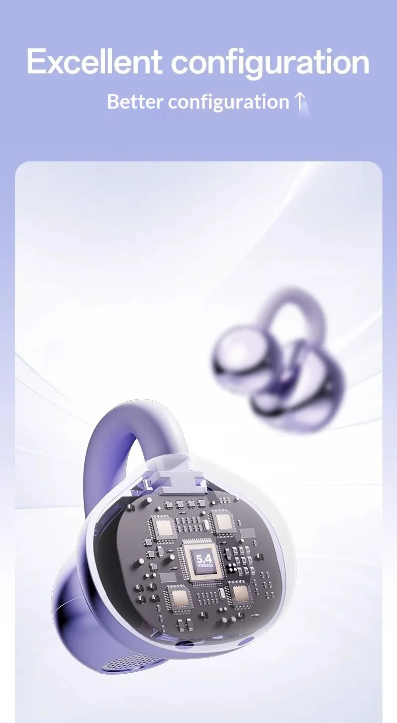 Purple wireless earbud with an open casing showing a high-tech internal chip board and transparent design.