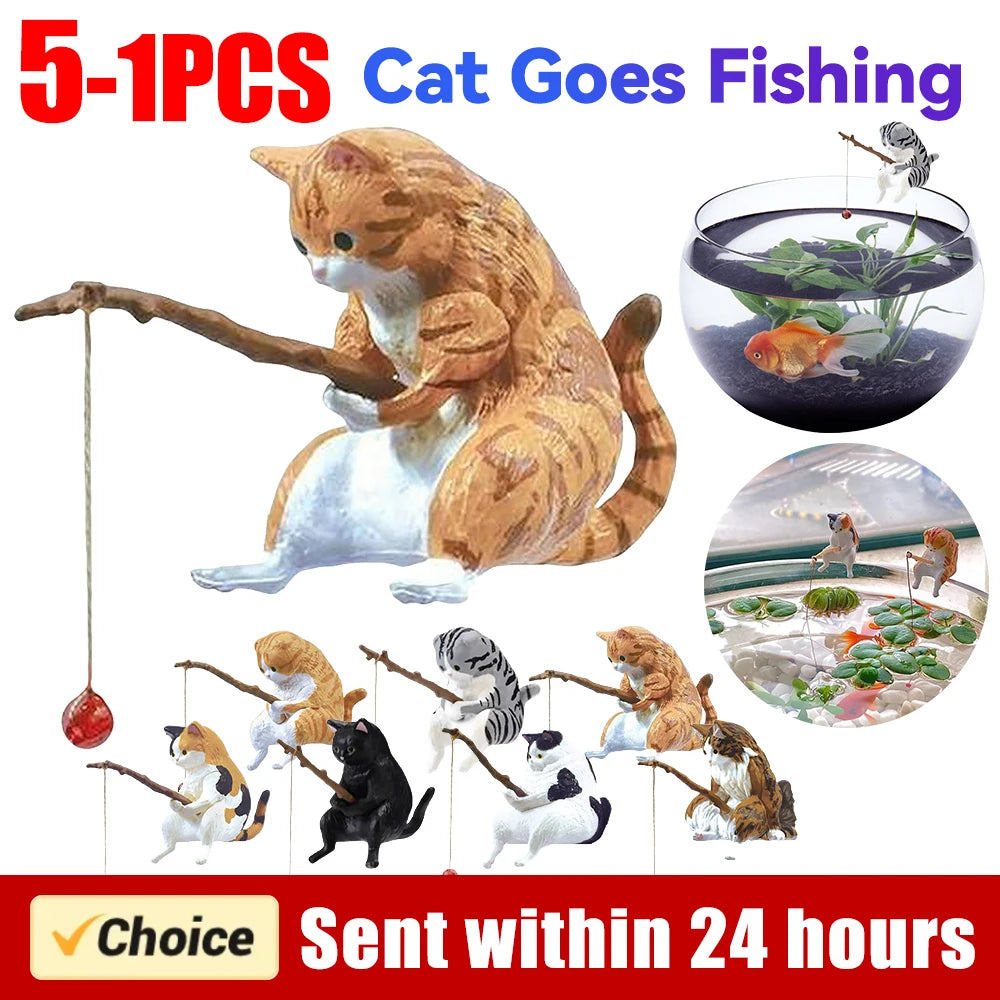 A set of miniature cat aquarium ornaments, each holding a wooden fishing rod with a hanging red ball float.