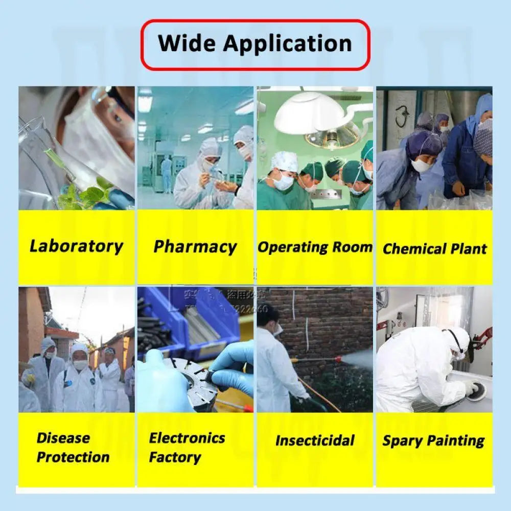 Collage showing white hooded protective coverall suits used in labs, medical, chemical, and industrial settings.