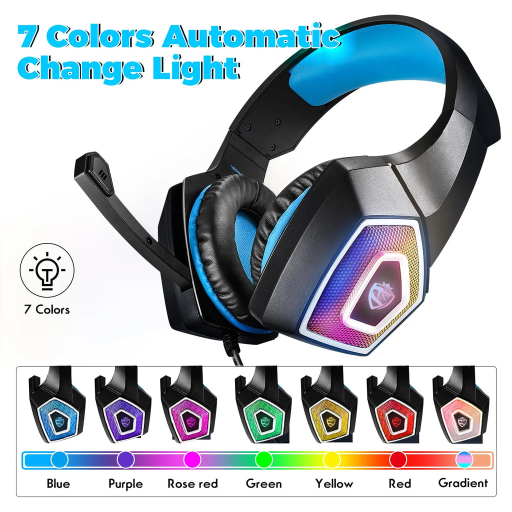 Black wired gaming headset with blue cushioned headband, adjustable microphone, and colour-changing RGB ear cup lights.
