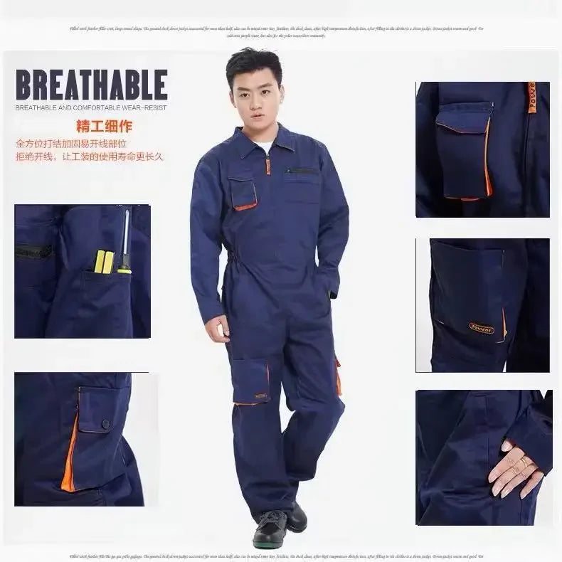 Man wearing a blue utility jumpsuit with orange accents, multiple cargo pockets, and a zippered chest closure.