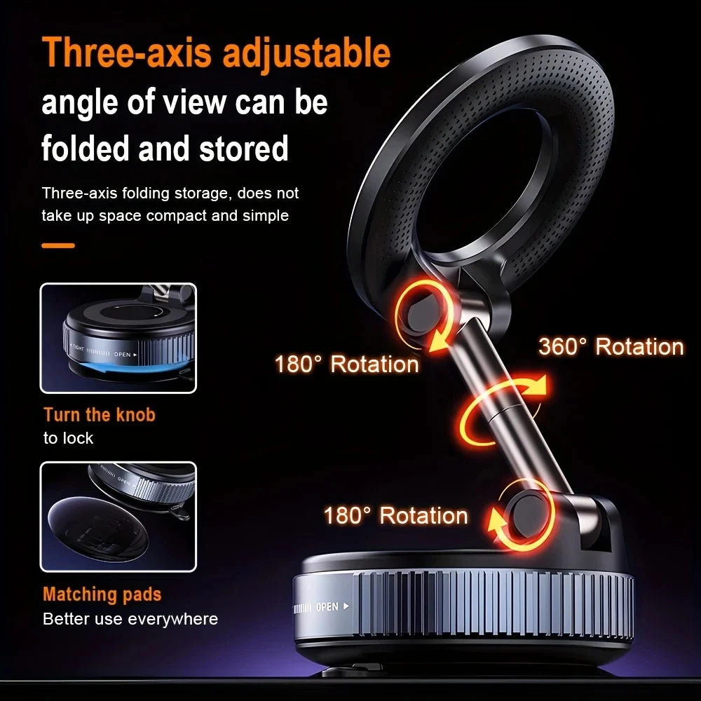 Black, three-axis foldable phone mount with 360-degree rotation and a locking knob base for adjustable viewing angles.