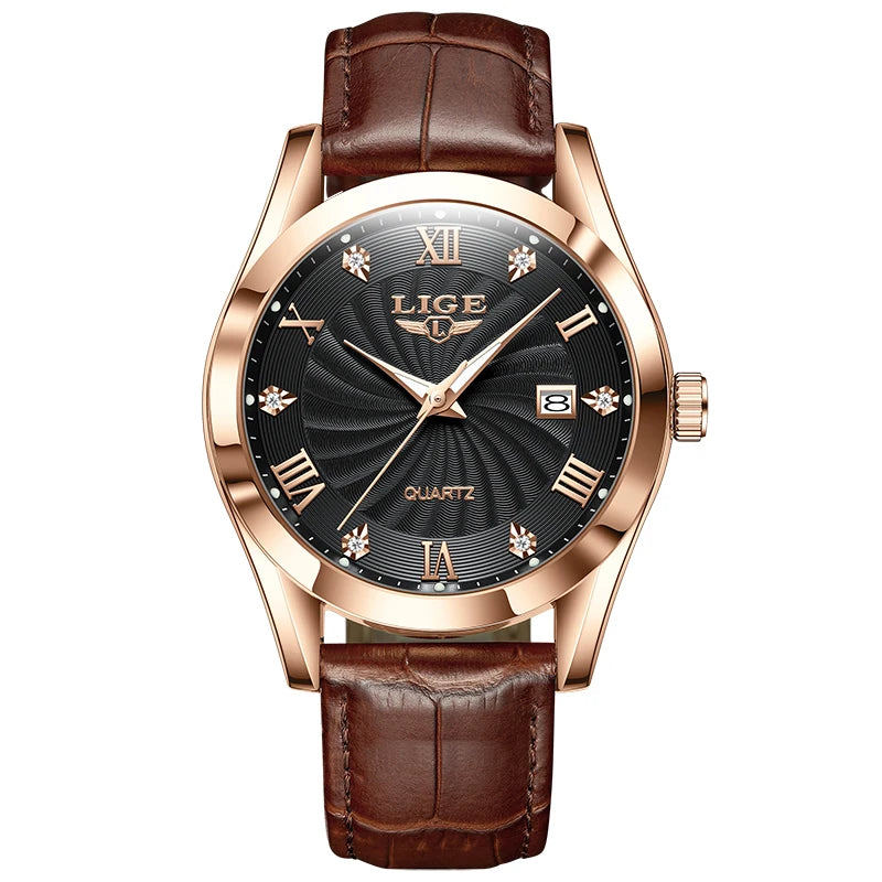Elegant quartz watch with a rose gold case, black dial with crystal indices, and a brown crocodile-effect leather strap.