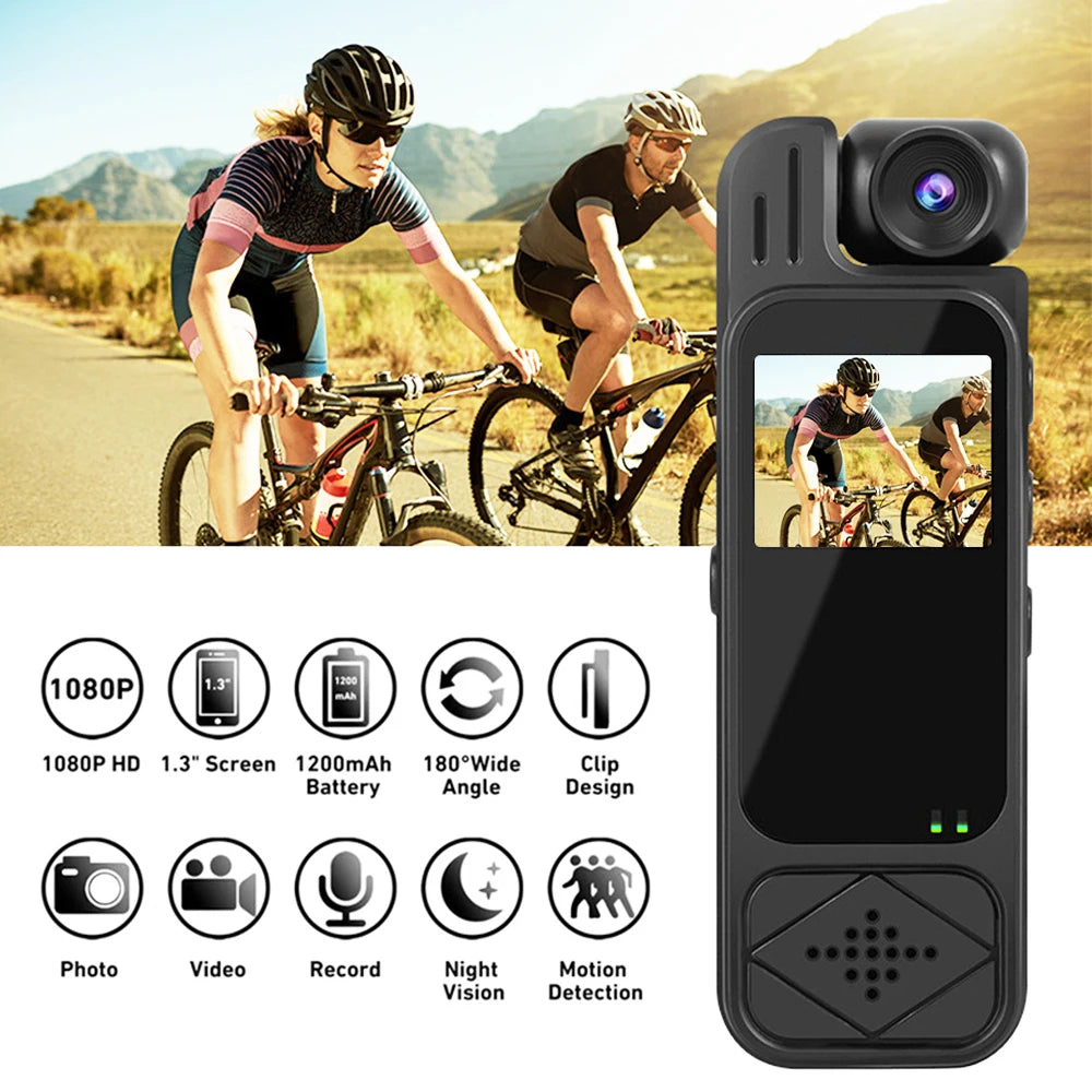 Black plastic wearable body camera with 1.3-inch screen, 1080p recording, night vision, and clip-on design.