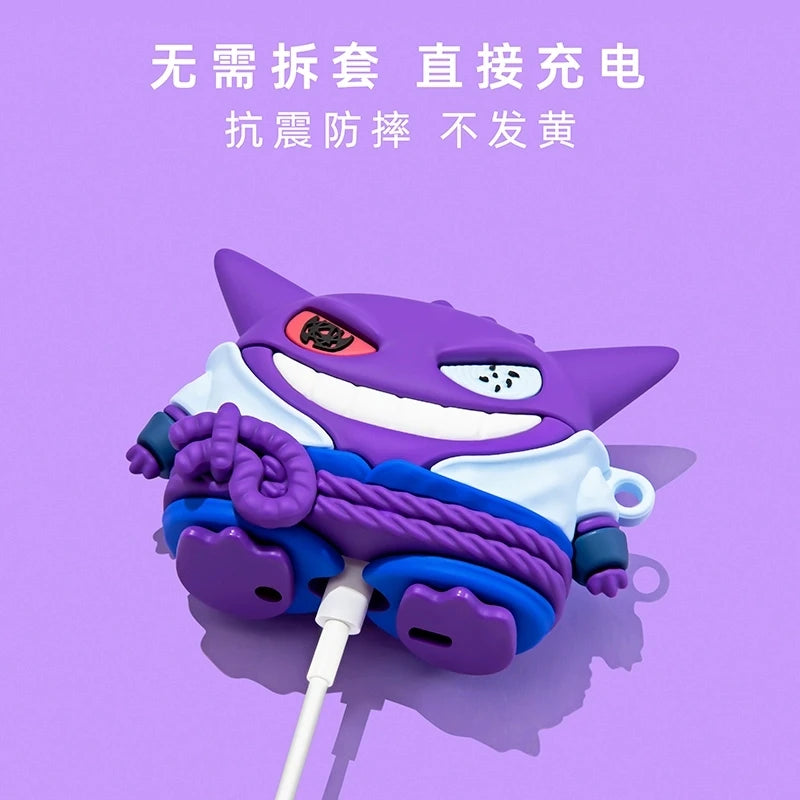 Purple silicone AirPod case shaped like a character, featuring a charging port cutout, set against a purple background.