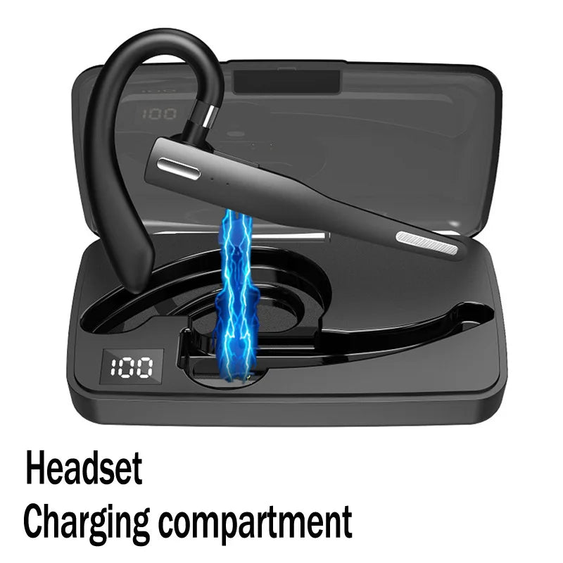 Black wireless ear-hook headset with noise-cancellation and a charging case showing a digital battery display.