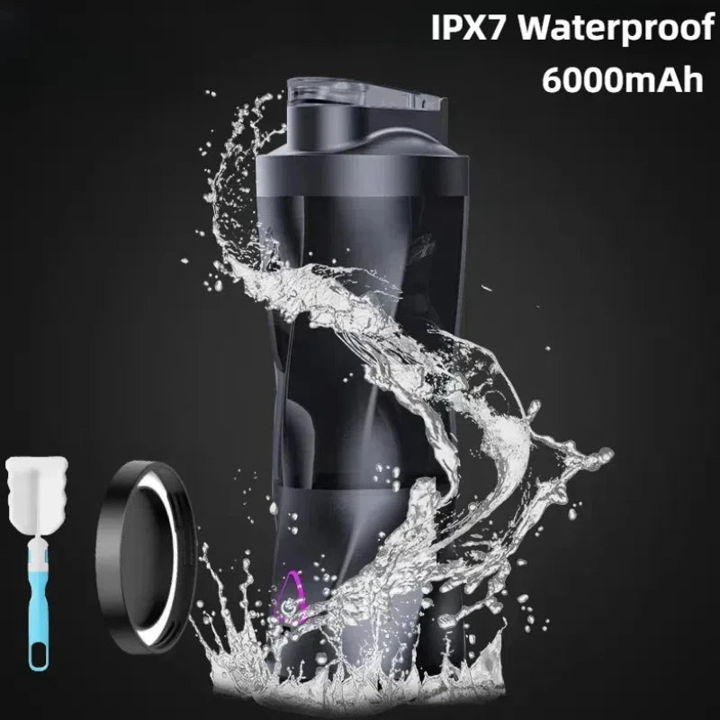 Black portable electric protein shaker bottle with water splashing, plus a cleaning brush and lid on dark background.