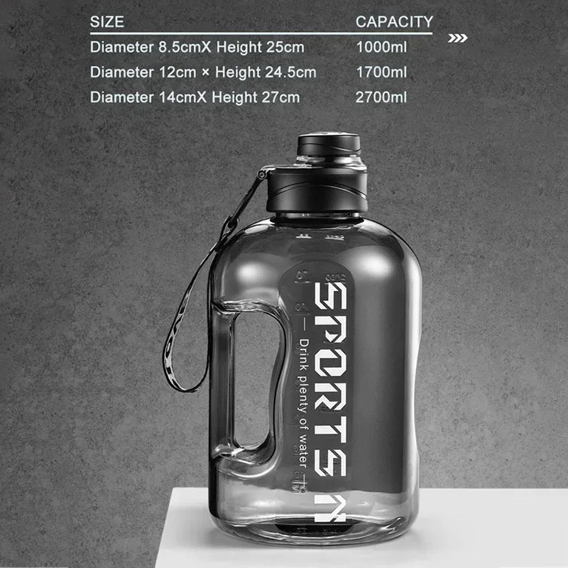 Black translucent sports water bottle with an integrated handle, carry strap, and white 'SPORTS' text.