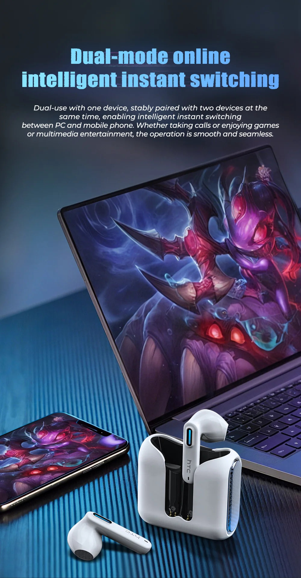White wireless earbuds in a charging case, placed on a surface next to a laptop and smartphone with gaming wallpapers.