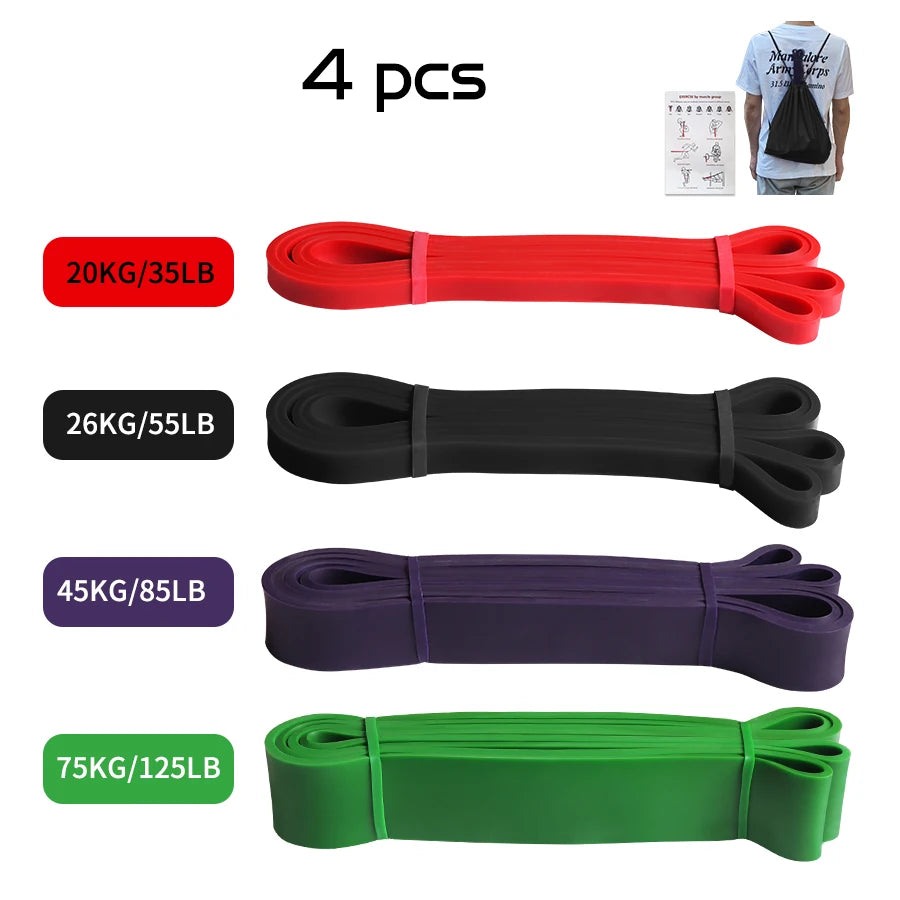 Set of 4 coloured resistance bands in red, black, purple, and green, with varying tension levels and carry bag.