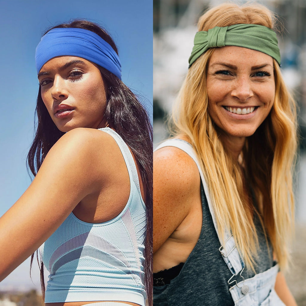Two women wearing blue and sage green fabric headbands, featuring a soft, flexible, and knotted design.