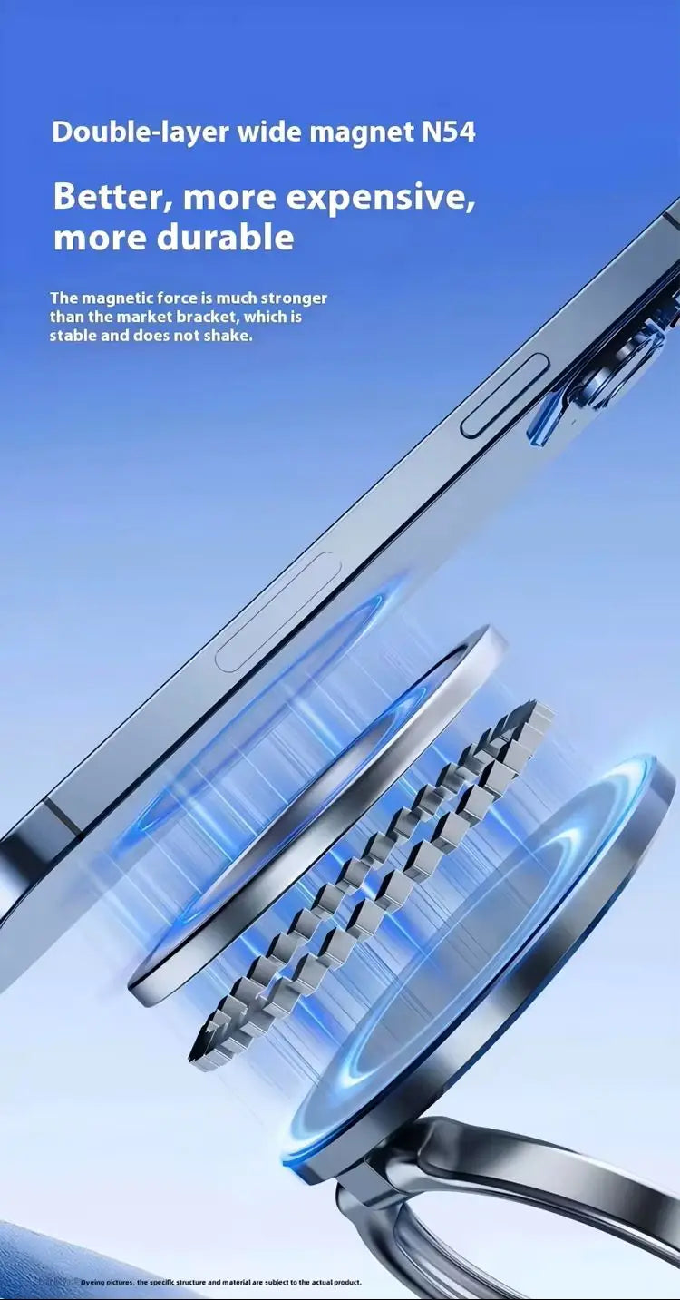 Silver phone stand with circular magnetic mount, dual-layered silver magnets, and blue glowing accent on a blue background.