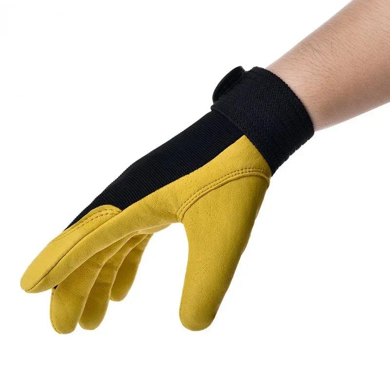 Yellow cowhide leather work gloves with a black fabric back and adjustable wrist strap.